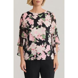 Kasper Floral Flutter Sleeve Top in Black Multi at Nordstrom, Size X-Small