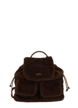 Herno Brown Plush Flap Logo Faux Fur Backpack