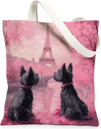 Generic Valentines Day Scottish Terrier Dog Canvas Tote Bag for Shopping 13x15, Eiffel Tower Puppy Reusable Grocery Print Pattern Bag for Women, Couple Beach 