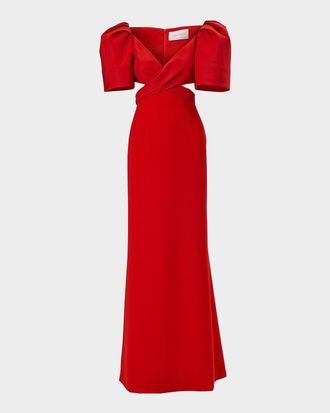 Carolina Herrera Crisscross V-Neck Bell-Sleeve Cutout Gown