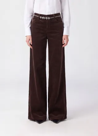 Liu Jo Flared Corduroy Velvet Trousers with Jewelled Belt