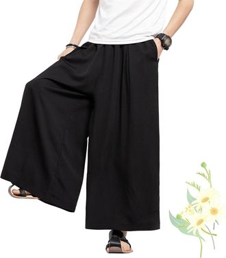 Generic Mens Casual Wide Leg Harem Pants, Japanese Hakama Pants with Wide Leg and Elastic Waist, Lightweight Breathable Hakama Pant (Black,4XL)