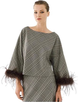 Access Fashion Access Fashion - Tartan blouse met veren - Dames - Blouses & Shirts - Grijs - Maat: S/M