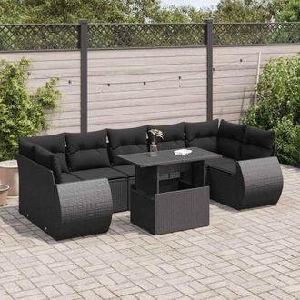 vidaXL Set De Sof&aacute;s De Jard&iacute;n Y Cojines 8 Piezas Rat&aacute;n Sint&eacute;tico Negro Vidaxl