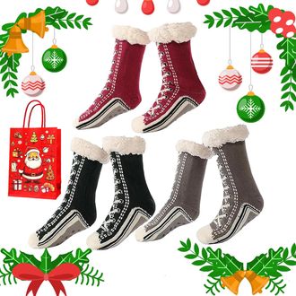 Generic Ultra-Thick Cashmere Slipper Home Socks, Cashmere Slipper Socks, Winter Indoor Non Slip Fluffy Thermal Cozy Christmas Socks for Women (3pcs C)