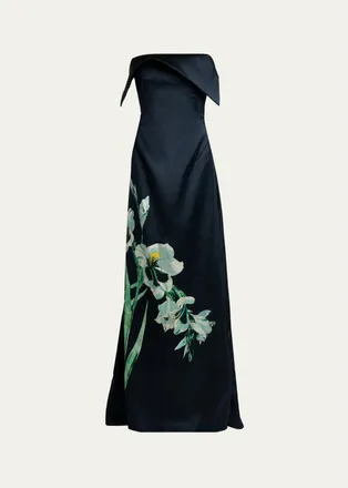 Erdem Floral Duchess Satin Strapless Gown