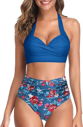 Generic Black Bikini Womens Swimwear High Waisted V Neck Women Bikinis Set Push Up Sexy Vintage Beachwear Twist Front Bikinis Top Ruched Retro Swimmwear Bathi