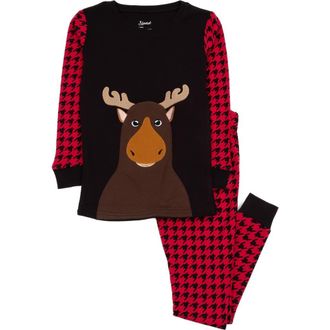 Leveret Kids Cotton Two-Piece Printed Holiday Pajamas in Full Moose at Nordstrom, Size 12