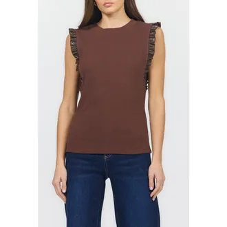 Dear John Denim Bridget Rib Tank with Leather Ruffle Trim in Shaved Chocolate at Nordstrom, Size X-Small