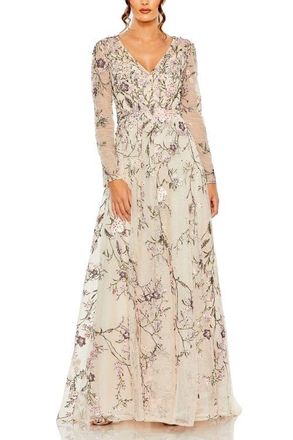 Mac Duggal Womens V Neck Long Sleeve Embroidered A Line Gown in Blush at Nordstrom, Size 14
