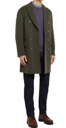 Brunello Cucinelli Khaki Wool & Cashmere Double-breasted Cashmere Blend Green Coat Size S