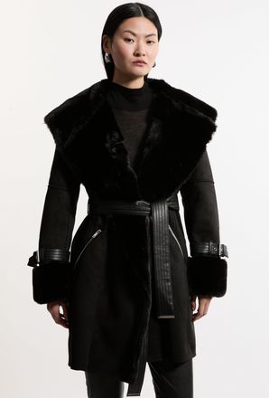 Karen Millen Womens Faux Shearling Collar & Cuff Belted Short Coat - Black - Size 10 UK