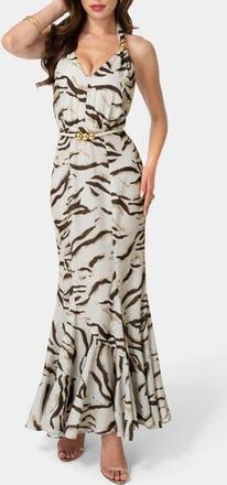 Bebe Animal Stripe Halter Maxi Dress in Brown Multi at Nordstrom Rack, Size X-Small