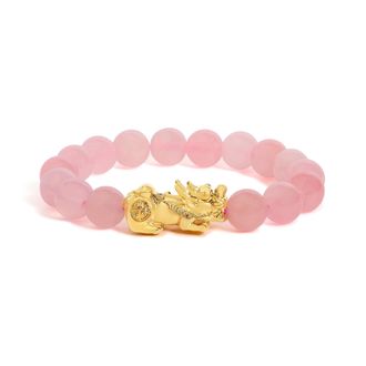 House of Brilliance 18K Yellow Gold Dragon Charm Natural Rose Quartz Beaded Charm Bracelet