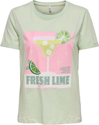 Only T-Shirt ONLY ONLKITA S/S DRINKS TOP BOX JRS, Damen, Gr. XS, gr&uuml;nlily print:dacey lime front, Jersey, Obermaterial: 100% Baumwolle, bedruckt, regular f
