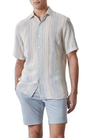 Robert Barakett Zev Stripe Short Sleeve Linen Button-Up Shirt in Vintage Blue at Nordstrom, Size Xx-Large