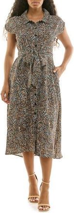 Nina Leonard Print Short Sleeve Shirtdress in Black/Tan Multi at Nordstrom Rack, Size X-Large