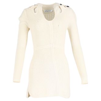 Self Portrait Button-Embellished Cutout Ribbed Mini Dress in Cream Cotton