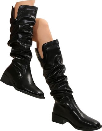 Generic Ladies French Retro Mid Calf Boots with Thick Heel and Square Toe Design High Pleated Style for Women Comfortable Footwear (Black, 6.5)