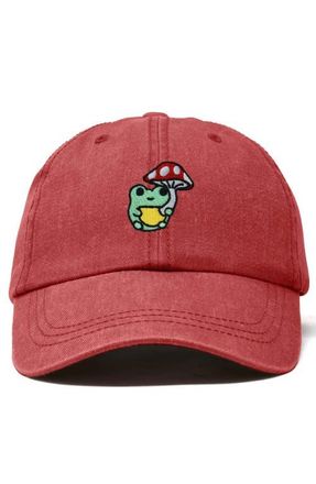 Dalix Mushroom Frog Embroidered Hat in Washed Red at Nordstrom