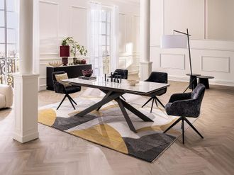Vente-Unique Tavolo pranzo allun. 8-12p Ceramica Vetro temp. Metallo Effetto marmo Bianco e Antracite - COREMA Maison C&eacute;phy