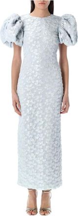 Rotate Blauwe Illusie Jacquard Midi Puffy Jurk - Dames - Maxi kleedjes - Blauw - XS - Leer - Kleedjes