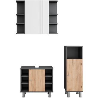 Vicco Armario Con Espejo De Ba&ntilde;o Fynn, Antracita/roble Dorado, 3 Piezas Con Unidad Midi, Vicco