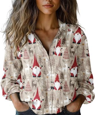 Generic Womens Casual Christmas Long Sleeve Button Down Shirt - Printed Holiday Patterns for Family Gatherings & Xmas Parties (UK, Alpha, S, Regular, Regular,