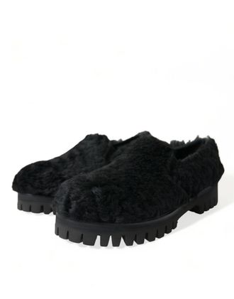 Dolce & Gabbana Mens Black Fur Leather Slippers Dress Shoes Lamb