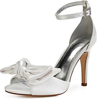 Generic Bridal Shoes Womens Bow Tie High Heels Peep Toe Sandals Sexy Stiletto Wedding Shoes Satin Prom Party Dress Pumps 10.5Cm,Ivory,5 UK