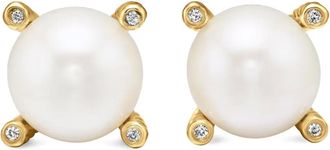 David Yurman Orecchini a bottone in oro giallo 18kt con perle e diamanti (14mm) - Bianco