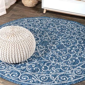 Jonathan Y Designs Charleston Vintage Filigree Textured Weave Indoor/Outdoor Round Area Rug in Navy/gray at Nordstrom, Size 5Ft 0In X 5Ft 0In