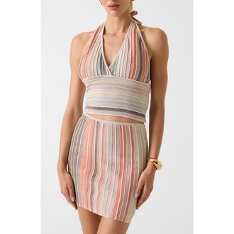 Marciano Rosy Stripe Metallic Knit Halter Neck Sweater in Brown at Nordstrom, Size X-Small
