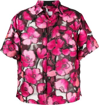 4sdesigns floral-print short-sleeve shirt - men - Polyester/Silk/Cotton/Metallic Fibre - L - Black