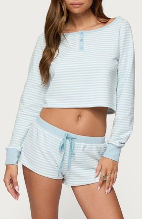 Edikted Margaret Stripe Long Sleeve Crop Top in Light-Blue at Nordstrom, Size X-Large