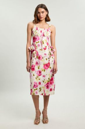 Karen Millen Womens Scattered Floral Cotton Poplin Boned Detail Woven Midi Dress Viscose - Size 16 UK