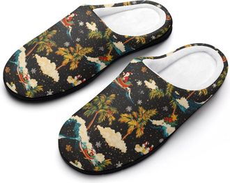 Generic Vintage Santa Surfing Hawaii Palm Trees Mens Slippers Slip On Comfortable Fleece Cotton House Shoes Winter