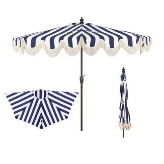 Jonathan Y Designs Beverly 9 ft. Designer Classic Scalloped Fringe Half Market Patio Umbrella with Crank, Push Button Tilt and UV Protection in Navy/white at