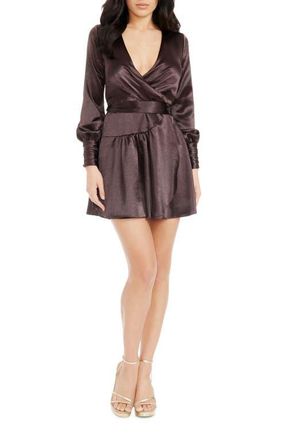 Dress The Population Darla Wrap Front Long Sleeve Satin Minidress in Mocha at Nordstrom, Size Xx-Small