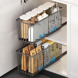 Elle Juego De 2 Cestas De Almacenamiento Extra&iacute;bles Para Armarios De Cocina, Cajones Deslizantes Con Pel&iacute;cula Adhesiva Nano, Estantes Extra&iacute;bles Para Almac
