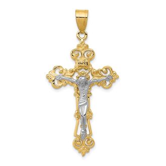 Diamond2Deal 10k Two-tone INRI Fleur De Lis Crucifix Pendant