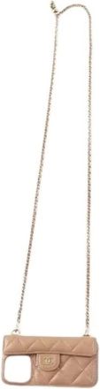 Chanel Pre-owned Cross Body Bags, female, Beige, Size: ONE SIZE Pre-owned iPhone 14 Pro Caviar Skin Case with Chain