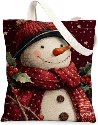 Generic Snow Man Canvas Tote Bags, Holiday Character Pattern Reusable Bags, Rustic Festive Lightweight Washable Shoulder Strap Canvas for Outdoor Travel 13x15