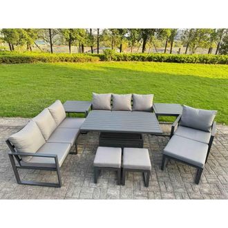Fimous Aluminum 10-Seater Patio Set with Lifting Table & 2 Side Tables in Dark Grey