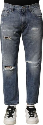 Dolce & Gabbana Mens Blue Washed Tattered Straight Fit Denim Jeans Cotton Clothing