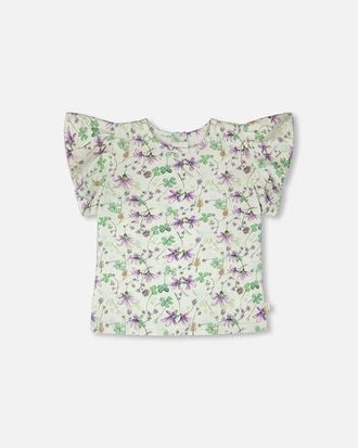 Deux par Deux Jersey Flutter Sleeves Printed Flowers T-Shirt in Green Floral Print at Nordstrom, Size 12M