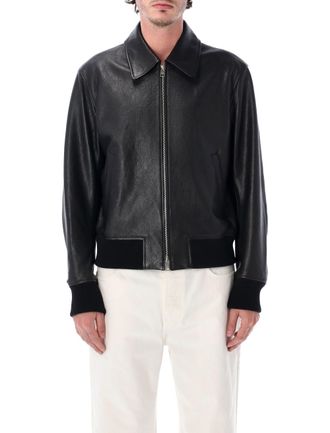 Ami Smooth Leather Ribbed Accent Bomber Jacket