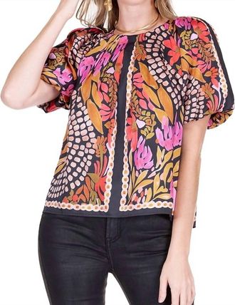Jade Yoga Pleated Puff Sleeve Top In Paved Petals