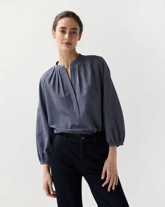 Ann Mashburn Sienna Top In Navy/ivory Check Crinkle Cotton