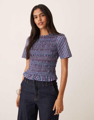 Nobody's Child Nat - T-shirt mini arricciata blu a quadri